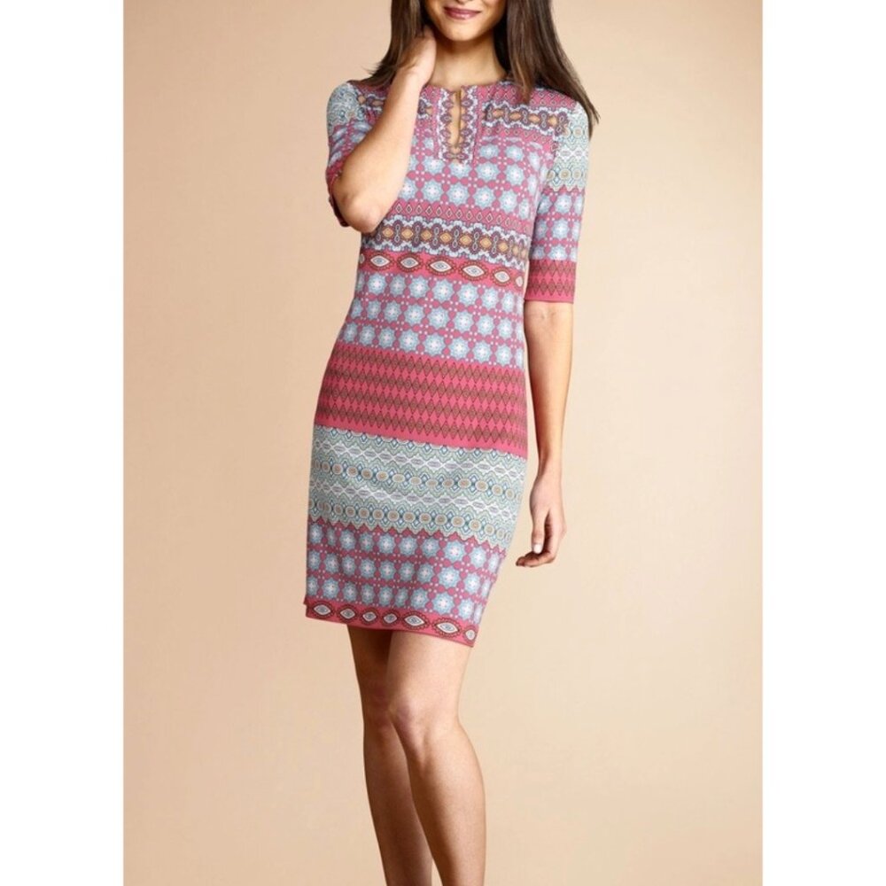 DONNA MORGAN Women's 3/4 Sleeve Pink Multicolor Tile Print Shift Dress Sz 14